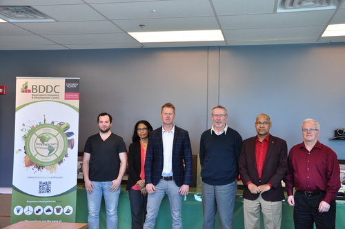 BDDC members Andrew Anstey, Prof. Manjusri Misra, and Prof. Amar Mohanty with Mike Tiessen, Rick Everest, and Craig Schwindt at the BDDC