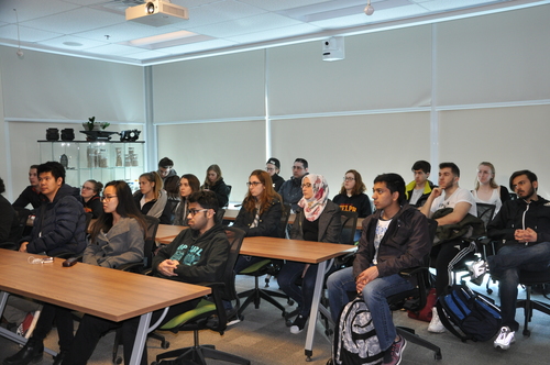 Professor Manjusri Misra's second year ENGG*2660 being taught about research and development ongoing at the BDDC on environmentally friendly products made from renewable resources.