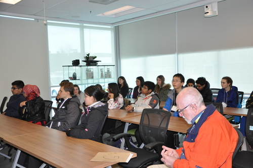 Andrew Anstey giving high school students from Waterloo Wellington Science and Engineering fair in Kitchener, an overview of the BDDC