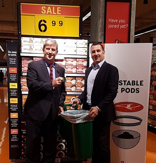 Minister Glen Murray and Ian Gordon at Loblaw, with 100% compostable President's Choice coffee pods, developed in collaboration with the BDDC